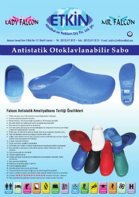 1 Terlikler tek par�a olup %100 copolymer kau�uk bile�iminden �retilmi�tir.

2 �r�n�n t�m y�zeyinde antistatik mevcuttur.

3 Buharl� otoklavda 134 dereceye kadar dayan�kl�d�r ve 90 derecede y�kanabilir.

4 Eter,ester,alkaliler,hafif asitler,g��l� asitler ve ya�lara kar�� dayan�kl�d�r.

5 �r�n ultra viole ve gamma ���nlar�na mukavimdir.

6 Terlik i� taban�nda uzun s�re ayakta sabit �al��mak zorunda kal�nd���nda kan dola��m�n�n h�zlanmas� i�in terli�in i�inde minik kabarc�klar mevcuttur.

7 �r�n�n ayna alt� b�l�m�nde terlemeyi �nleyici direk temas� engelleyen tepecikler vard�r.

8 Taban �st kenar�nda havalanmay� sa�layan kar��l�kl� delikler vard�r.

9 Terlikler �stten d�k�len s�v�lar�n (kan,ifrazat gibi s�v�lar�n) deliklerden i�eri s�zmas�n� engeller �zellikte yukar� konik �ekilde imal edilmi�tir.

10 �� taban� ortopedik �zelliktedir.

11 Topuk yast�k etkisi yapabilme �zelli�indedir.

12 Terlik taban� sert ve kesici cisimlerin aya�a batmas�n� engelleyecek �ekilde tasarlanm��t�r.

13 Kuru zeminde ve suda kaymaz, terlik alt�nda kaymay� �nleyici �zel tasar�m vard�r. �z b�rakmaz.

14 Sabit duru�ta sa�a sola d�n�lebilir.

15 Y�r�rken ayaktan ��kmaz.

16 Terlikler antifungal, antimikrobik ve antibakteriyel hammaddeden �retilmi�tir. Bakteri bar�nd�rmaz.

17 Koku yapmayan �zelliktedir.

18 Maksimum esnetebilme de�eri % 870 dir.

19 �r�n CE belgesine sahiptir.

20 Antistatik oldu�u terlik �zerinde belirtilmi�tir.

21 Terlik �zerinde kurumun tercih etti�i isim v.b. kabartma �eklinde yaz�labilir.

22 A��nma ve kullan�m hatalar� hari� hert�rl� imalat ve i��ilik hatalar�na kar�� bir y�l garantilidir.

23 Terliklerin 35-36,37-38,39-40,41-42,43-44,45-46 numaralar� mevcuttur.

24 Renk se�eneklerinde ye�il,a��k mavi,saks mavisi,k�rm�z� ve beyaz mevcuttur.